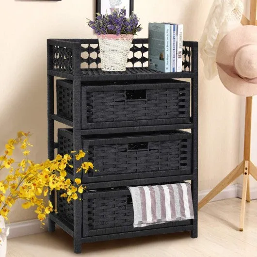 3 Drawers Wicker Baskets Storage Chest Rack-Black
