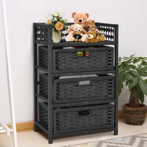 3 Drawers Wicker Baskets Storage Chest Rack-Black