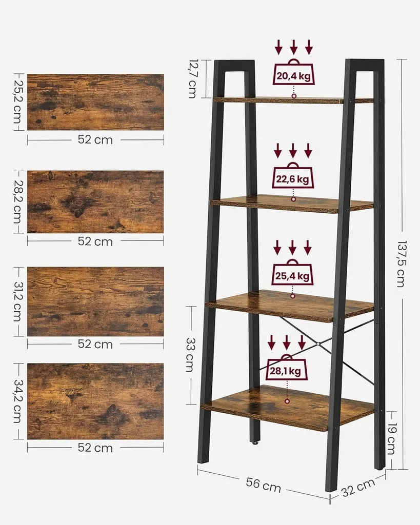 4-Tier Rustic Ladder Shelf, Industrial Storage Rack - Vasagle