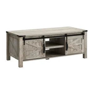 48 Inch Coffee Table with Sliding Barn Doors, Light Rustic Oak (Open Box)