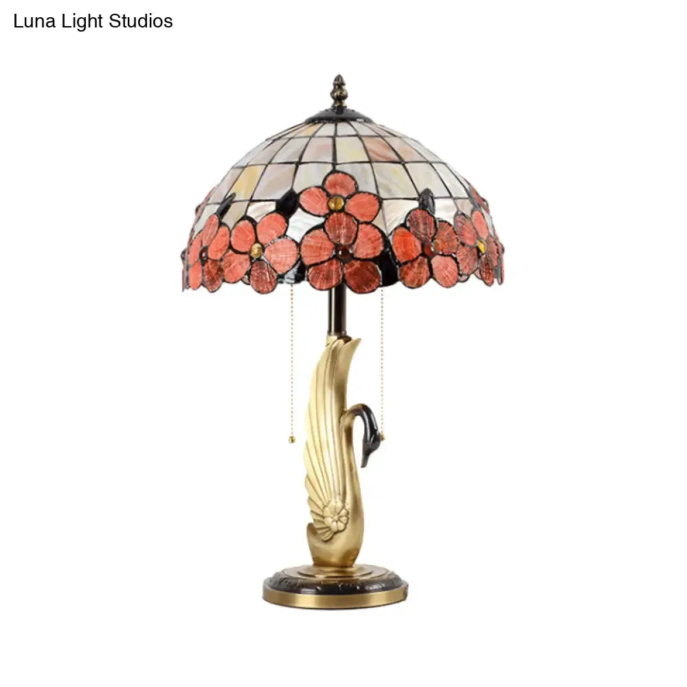 Albali - Pink Flower-Edge Pink Grid Glass Night Lamp Tiffany 2-Light Gold Pull Chain Table Lighting with Swan Base