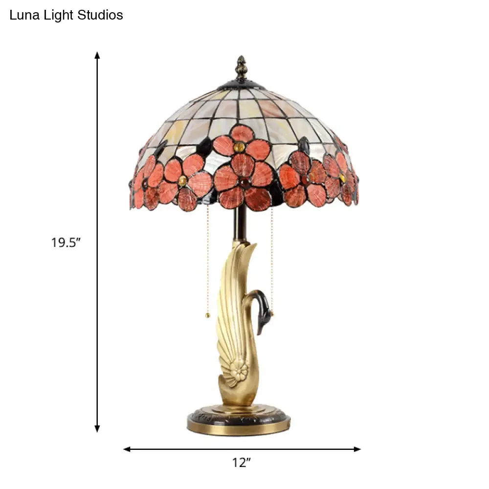 Albali - Pink Flower-Edge Pink Grid Glass Night Lamp Tiffany 2-Light Gold Pull Chain Table Lighting with Swan Base