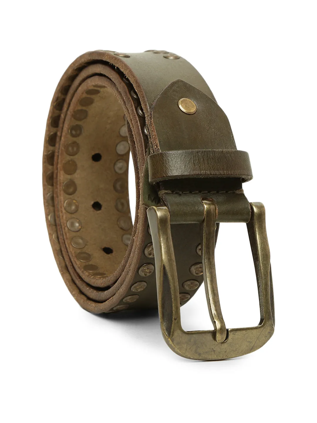 Art N Vintage Premium Olive Genuine Leather Studded Men's Belt - Stylish & Durable