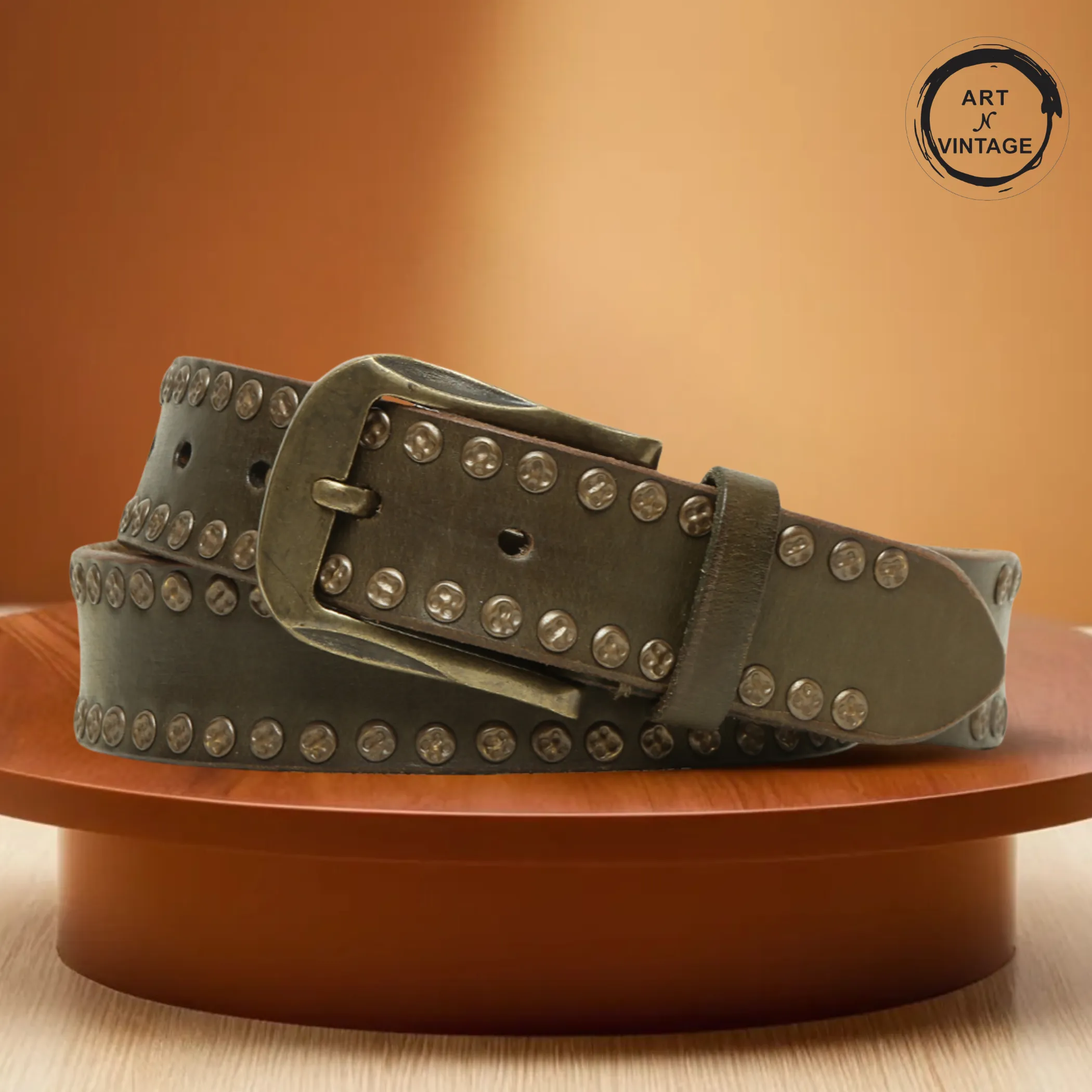 Art N Vintage Premium Olive Genuine Leather Studded Men's Belt - Stylish & Durable