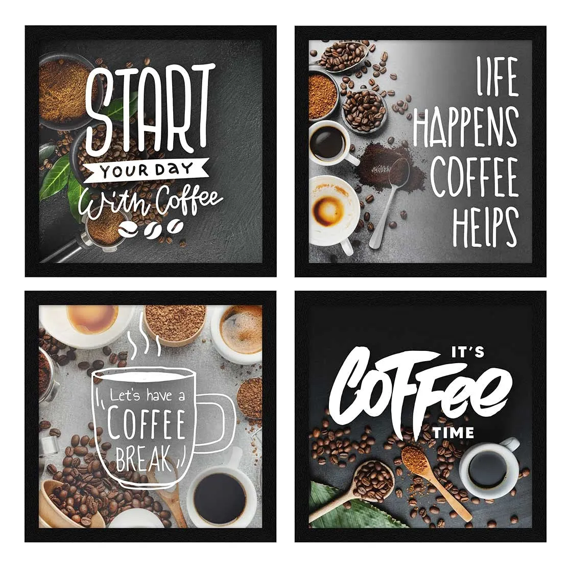 ArtX Kitchen Food Coffee Spices Motivational Funny Quotes Wall Art Painting, Framed Posters, 20 X 20 inches, 10.0 X 10.0 inches Each, Multicolor, Synthetic Wood, Set of 4 (AXJ00107-COF)