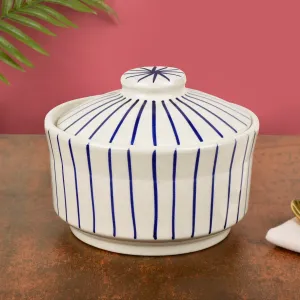 “Blue Kasa Line” Ceramic Striped Serving Donga with Lid (1000 ml, White and Blue )