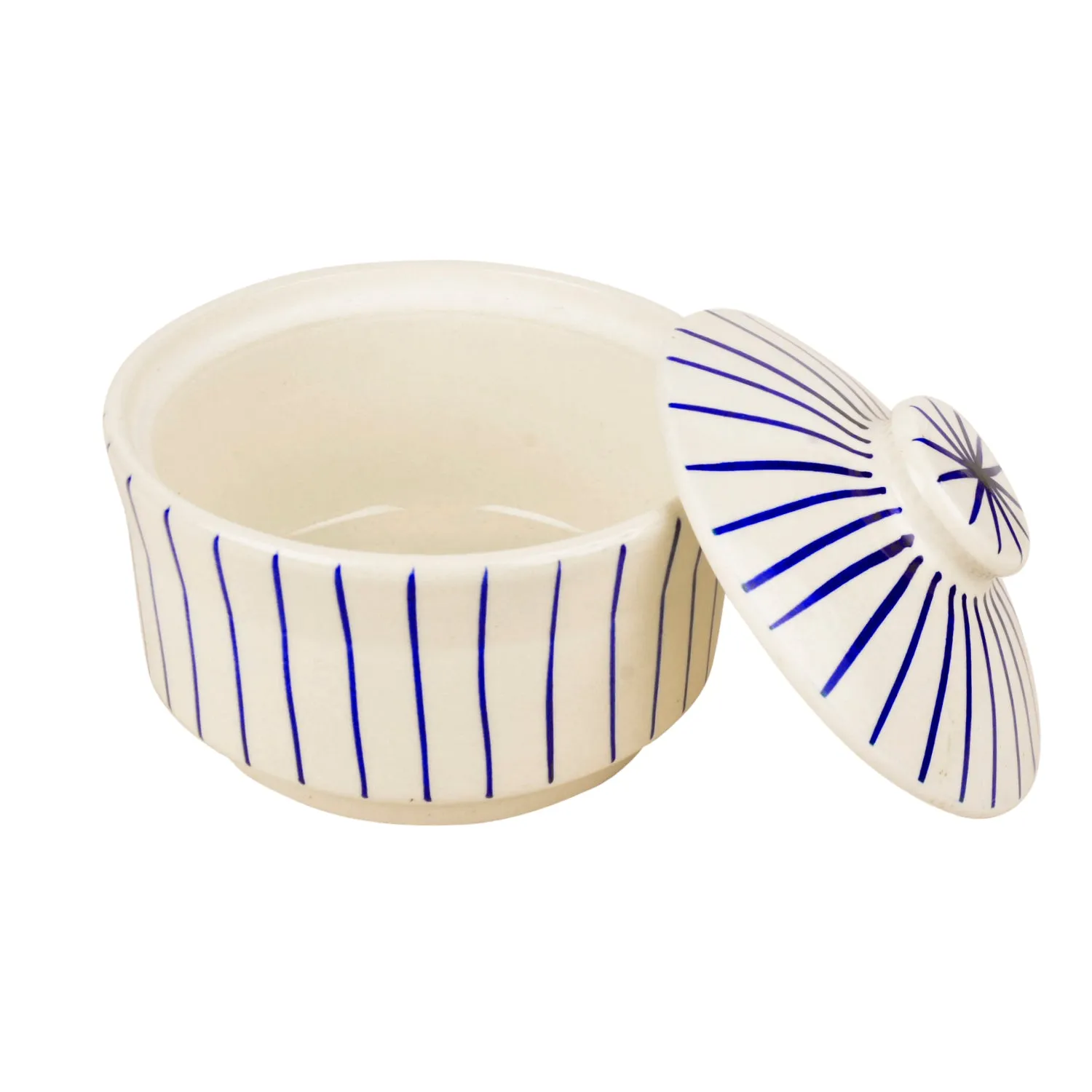 “Blue Kasa Line” Ceramic Striped Serving Donga with Lid (1000 ml, White and Blue )