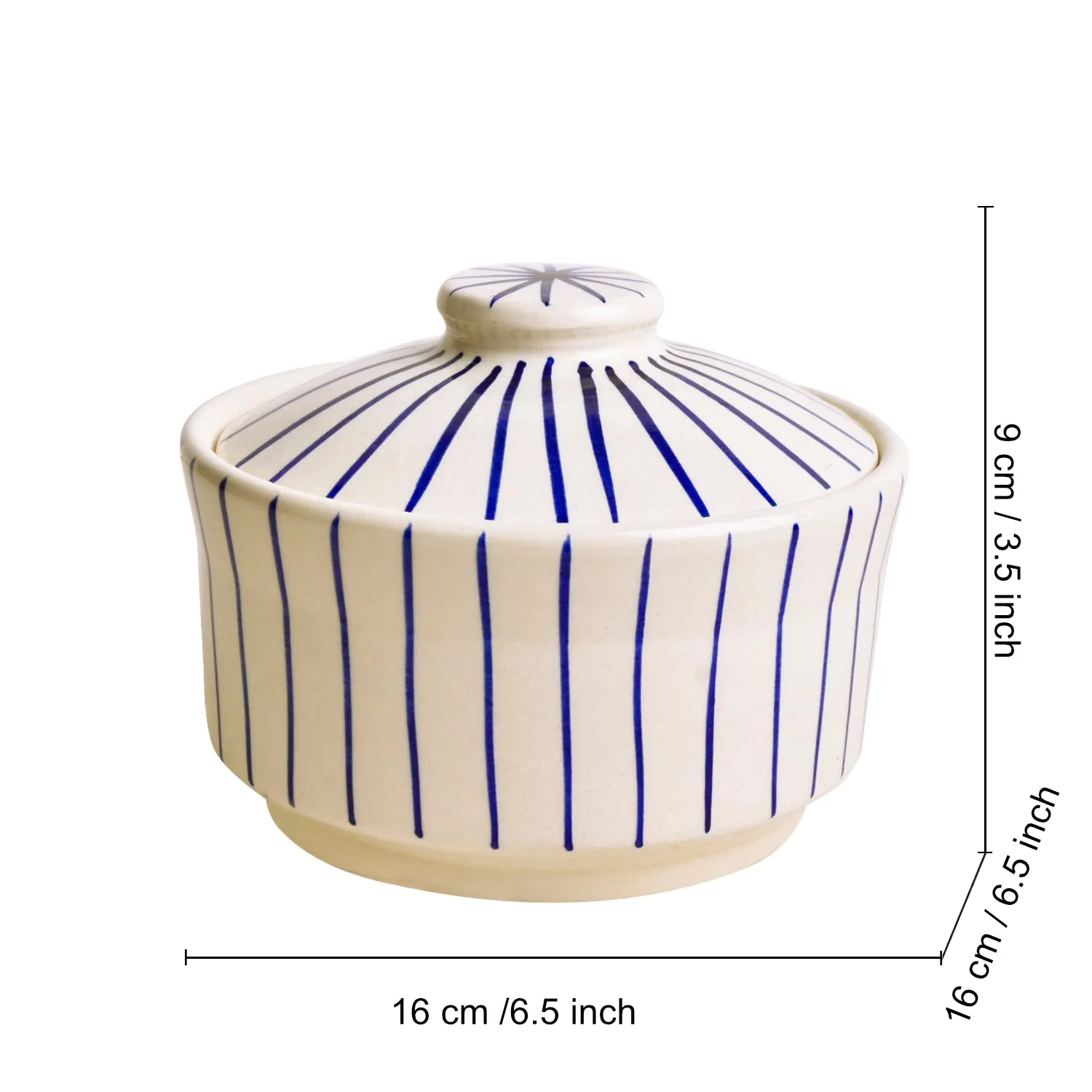 “Blue Kasa Line” Ceramic Striped Serving Donga with Lid (1000 ml, White and Blue )