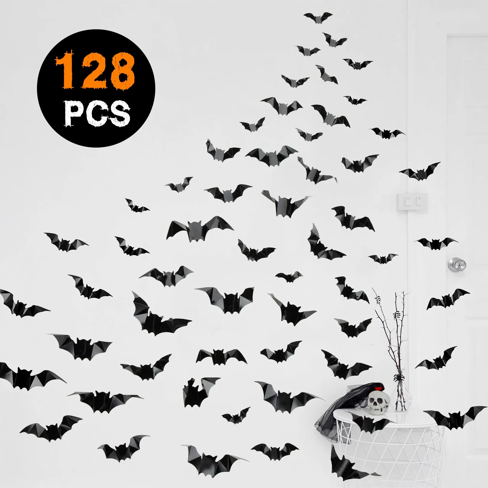 CYNDIE 128PCS 3d Bats Wall Stickers 4 Sizes Halloween Decorative Decals Wallpaper