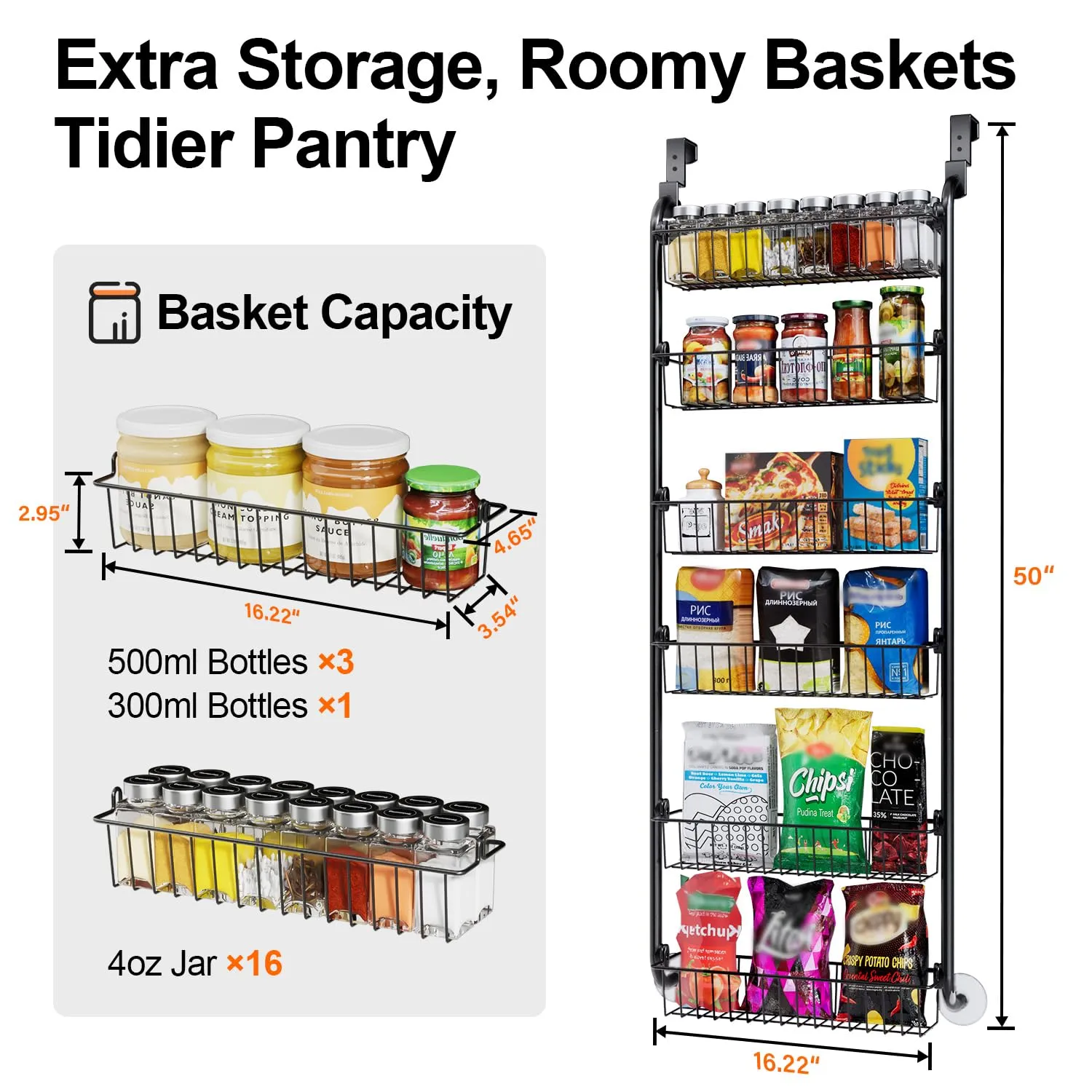 Delamu Over the Door Pantry Organizer, 6-Tier Pantry Organizers and Storage, Hanging Spice Rack Shelves for Easy Install, Cabinet Door Organizer, Home & Kitchen Essentials, D5xW18xH50 inch, Black