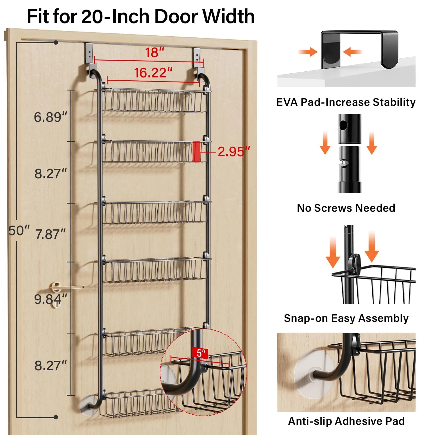 Delamu Over the Door Pantry Organizer, 6-Tier Pantry Organizers and Storage, Hanging Spice Rack Shelves for Easy Install, Cabinet Door Organizer, Home & Kitchen Essentials, D5xW18xH50 inch, Black