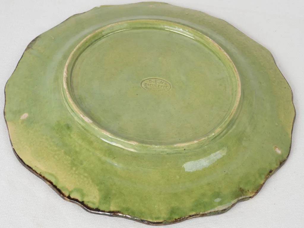 Dieulefit Plate w/ Green Glaze & Brown Rippled Edge, Late 19th Century 11"