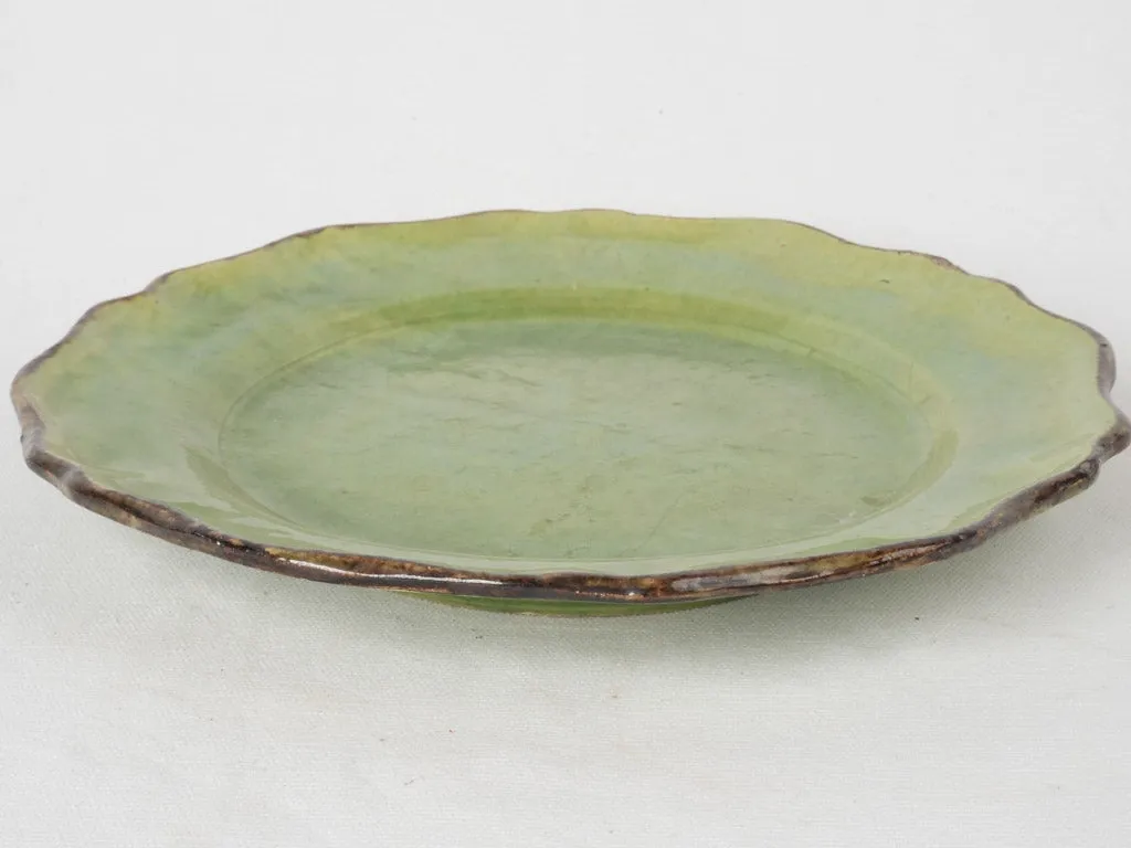 Dieulefit Plate w/ Green Glaze & Brown Rippled Edge, Late 19th Century 11"