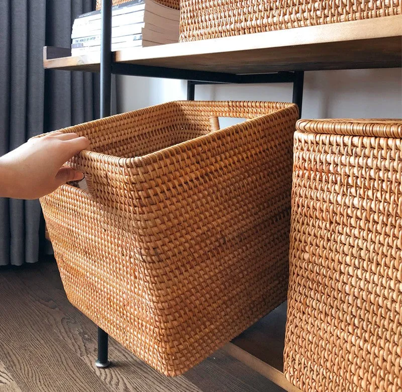 Extra Large Storage Baskets for Living Room, Storage Baskets for Clothes, Rectangular Storage Basket for Shelves, Woven Rattan Storage Basket for Kitchen