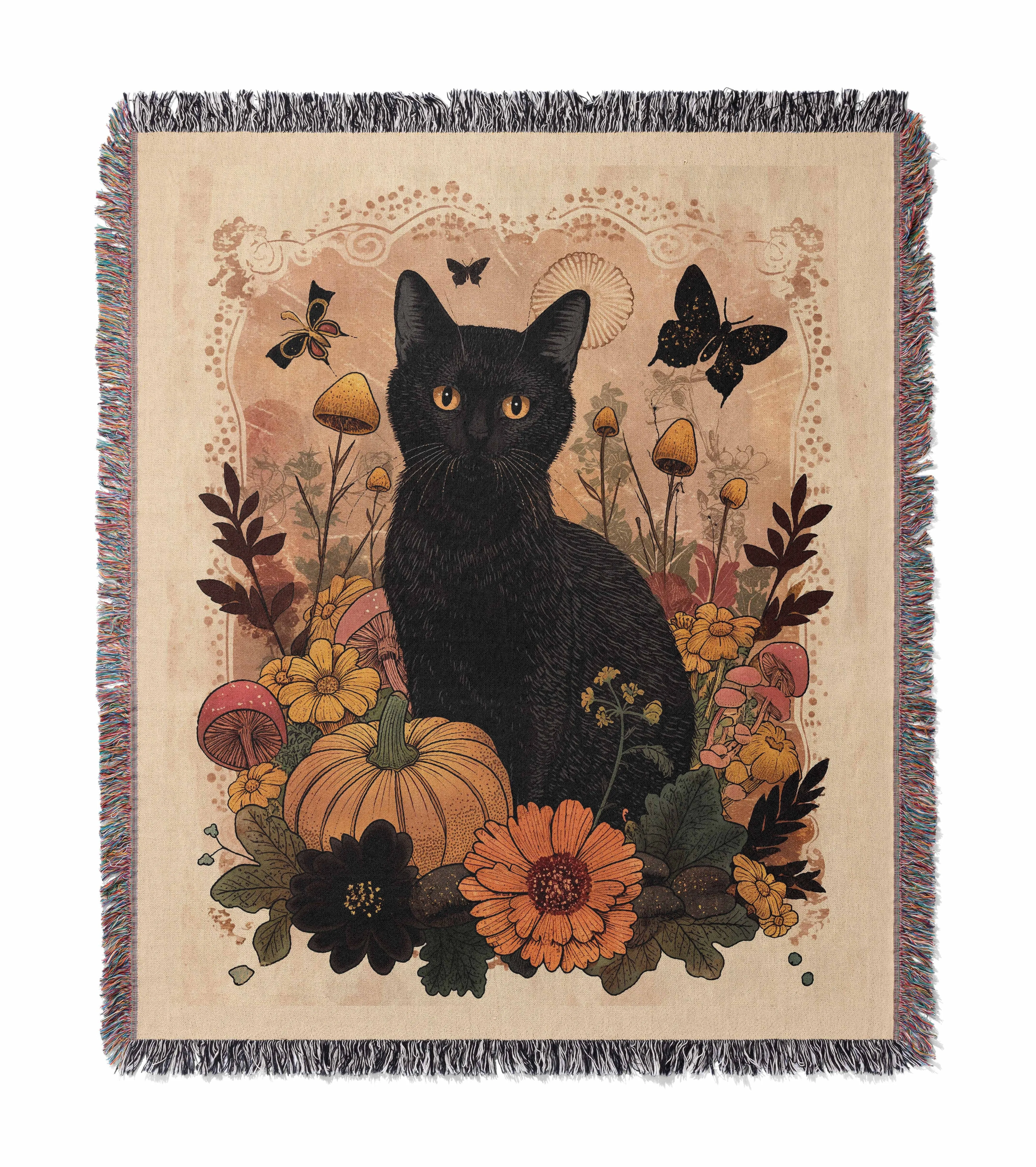 Fall Cat Floral Mushroom Pumpkin 50" x 60" Gift Woven Jacquard Blanket