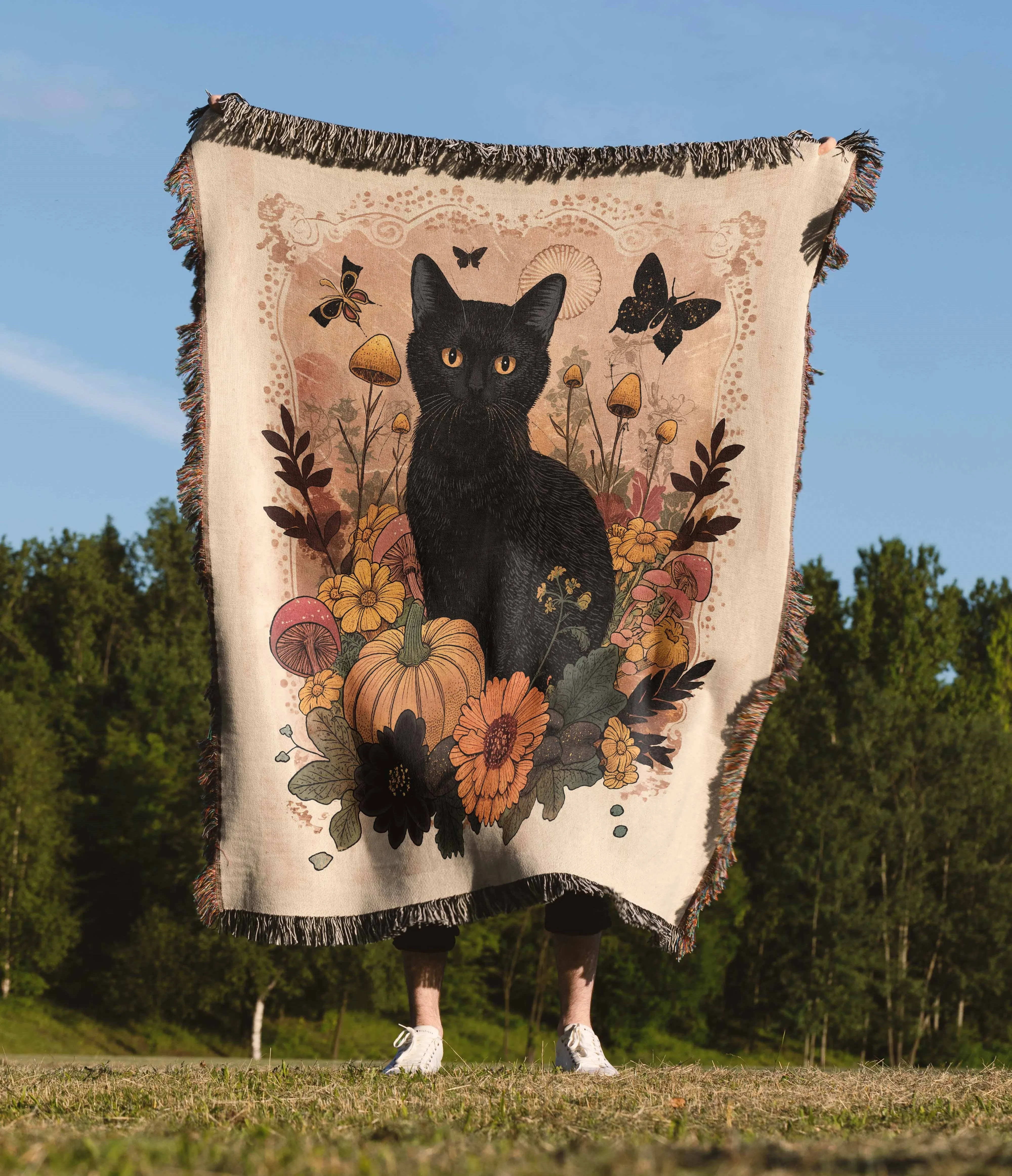 Fall Cat Floral Mushroom Pumpkin 50" x 60" Gift Woven Jacquard Blanket