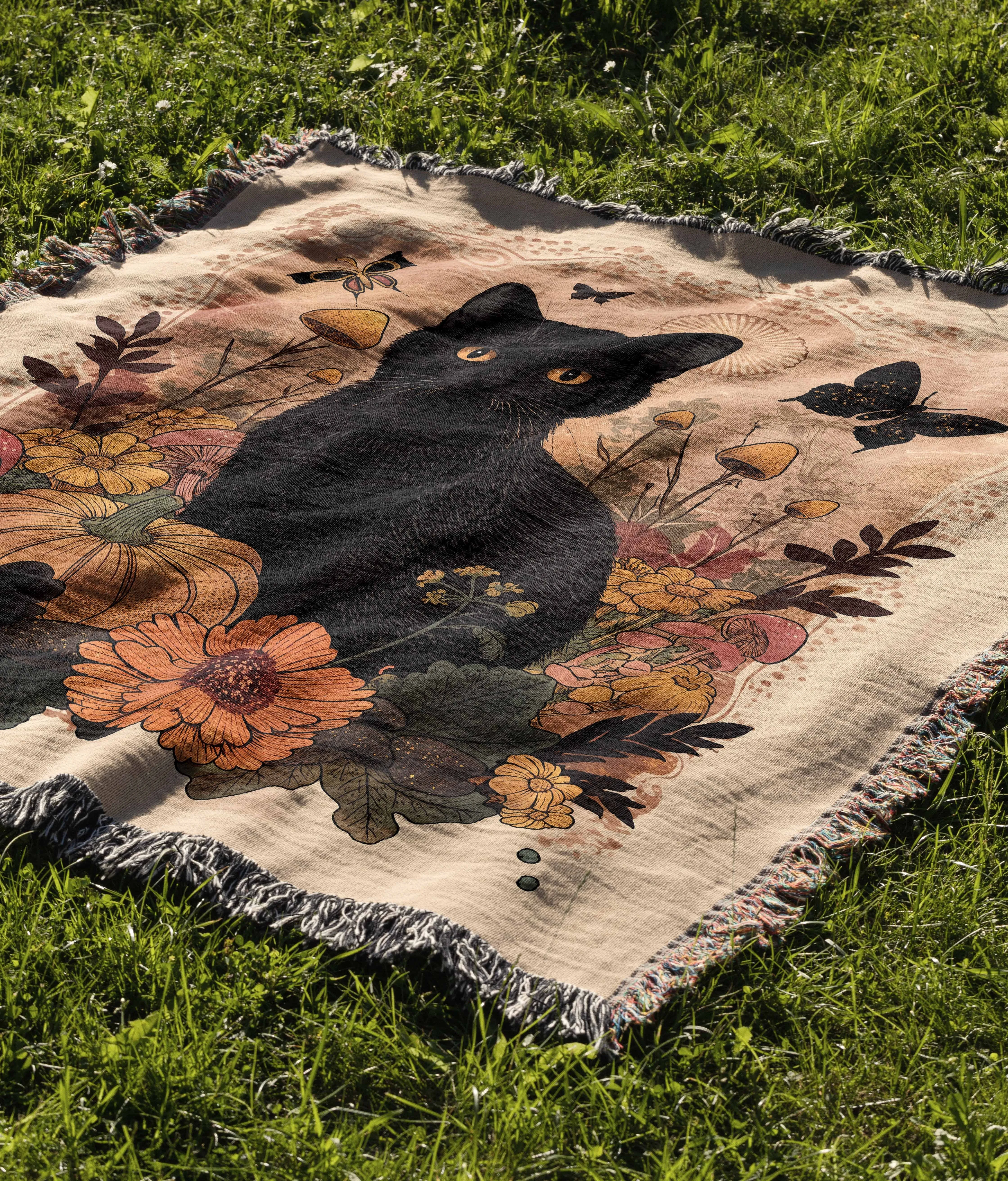 Fall Cat Floral Mushroom Pumpkin 50" x 60" Gift Woven Jacquard Blanket