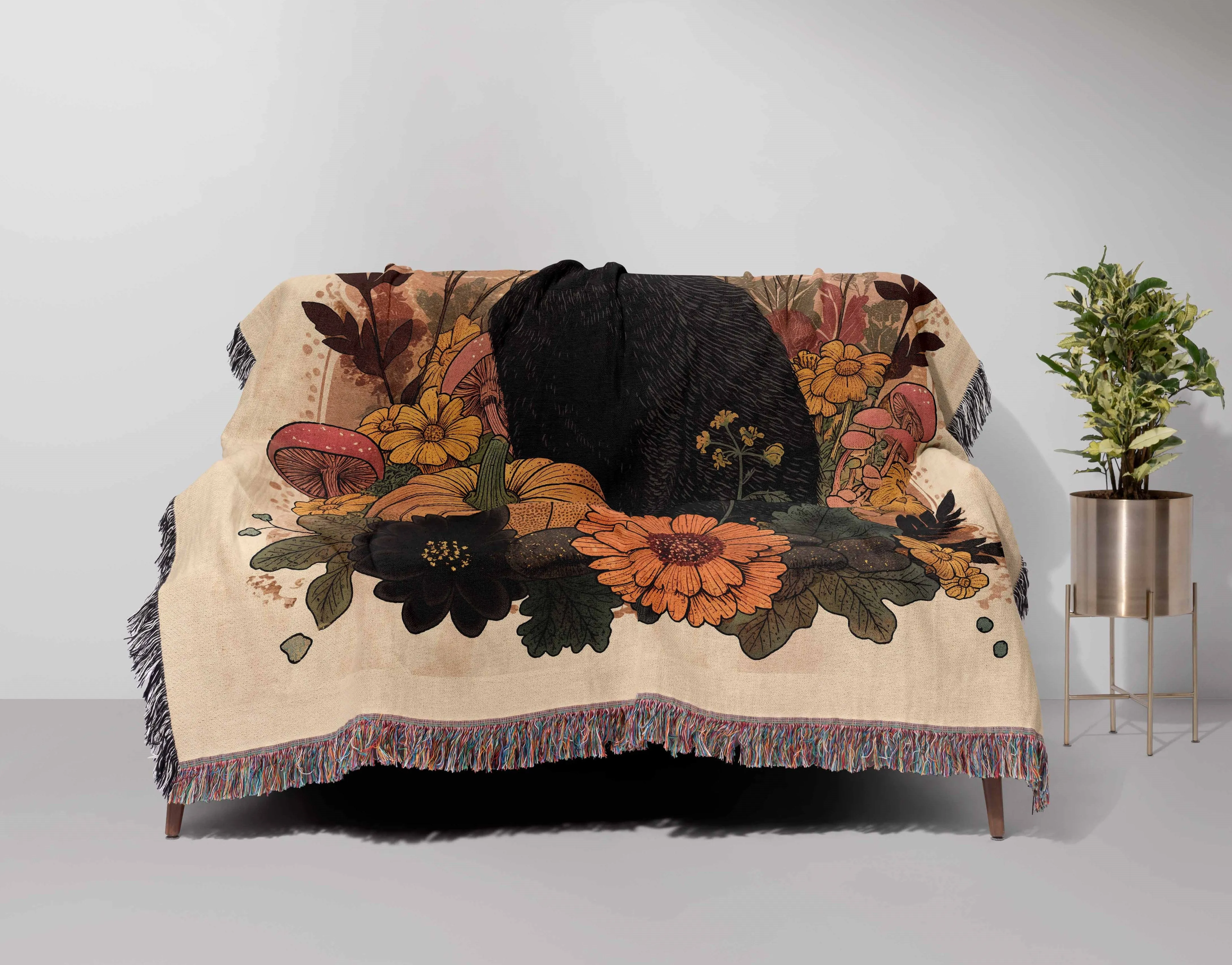 Fall Cat Floral Mushroom Pumpkin 50" x 60" Gift Woven Jacquard Blanket