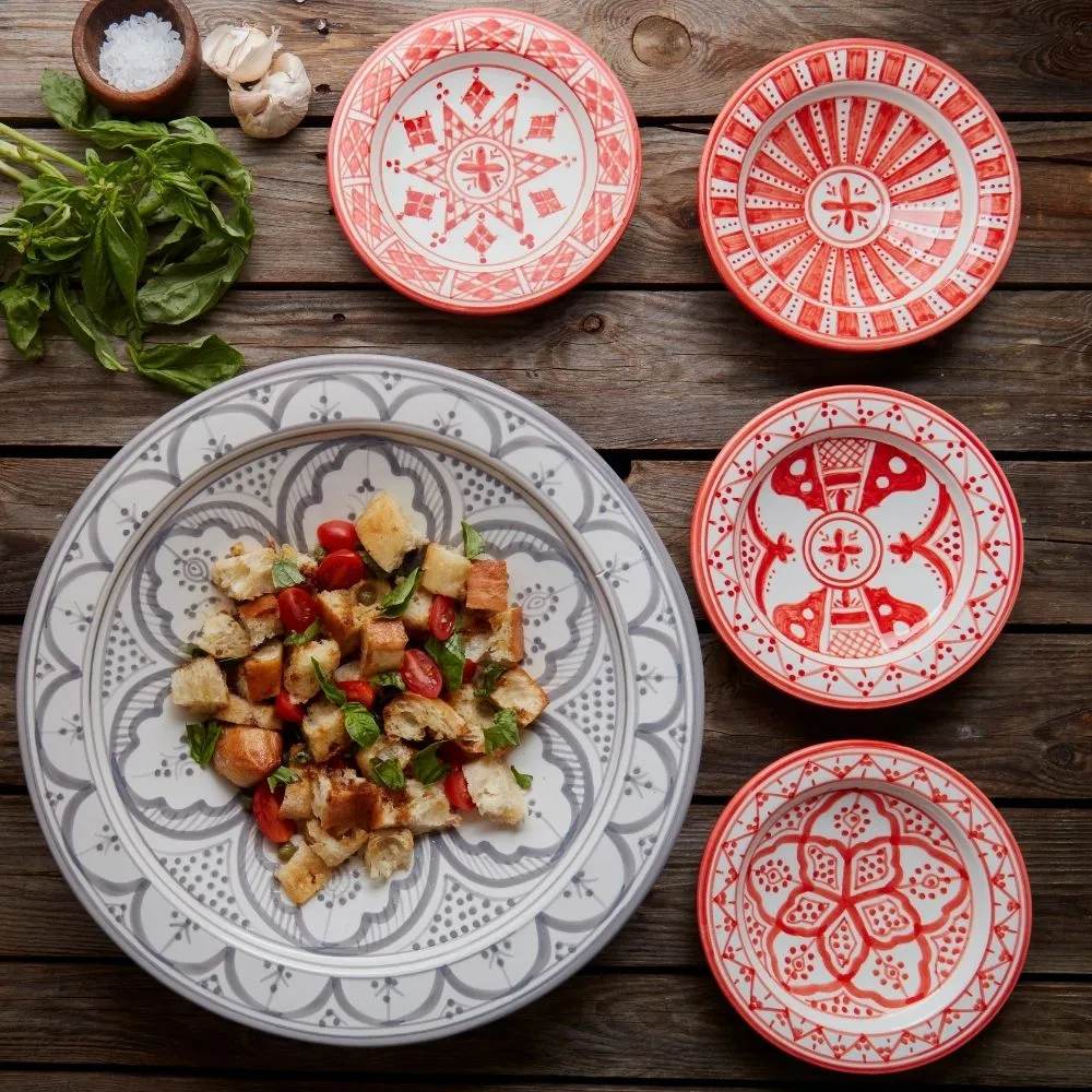 Gray Arabesque Serving Platter Red Plates Set