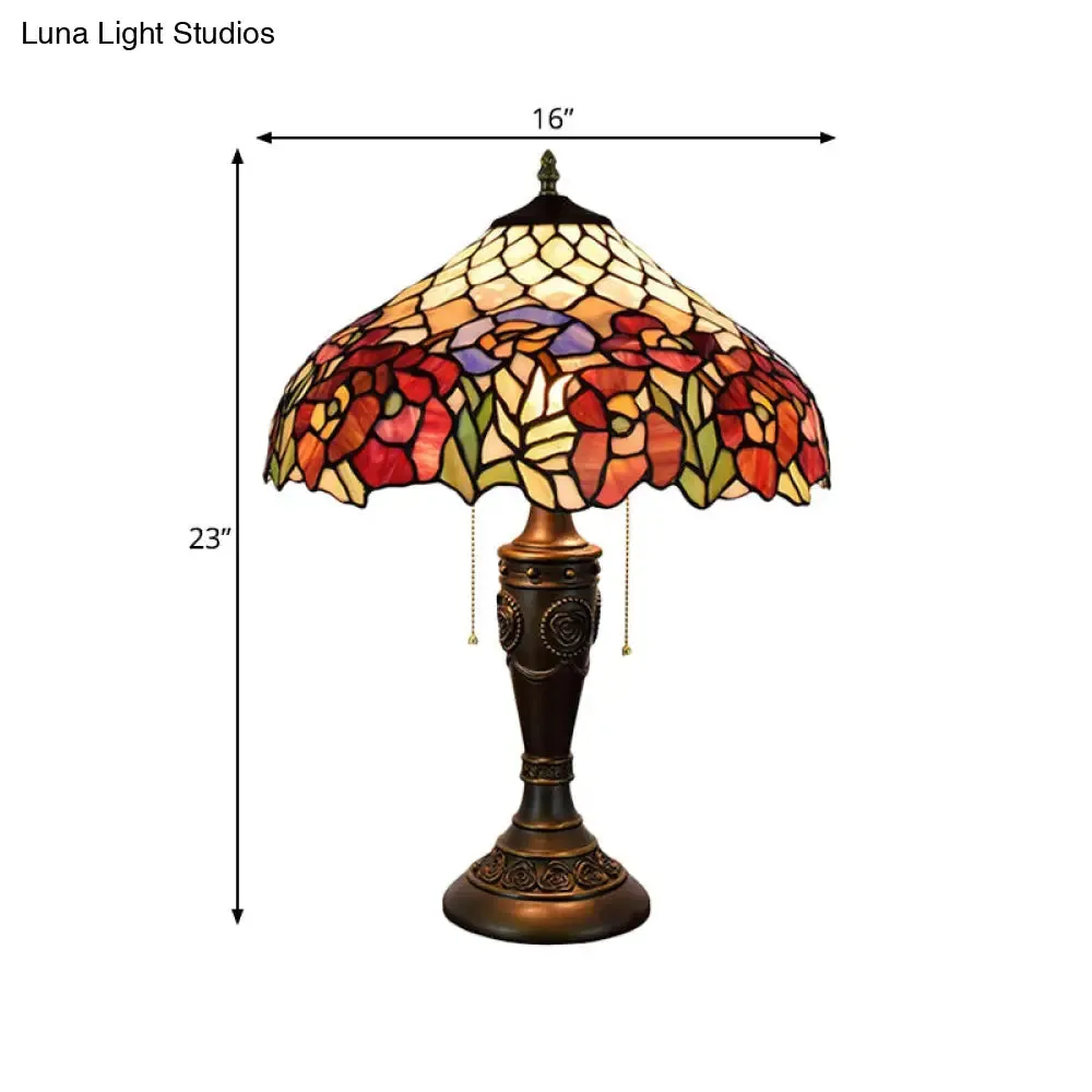 Grazia - Victorian Barn Shade Pull-Chain Night Light Victorian Stained Floral Glass 2-Bulb Bronze Table Lamp for Living Room