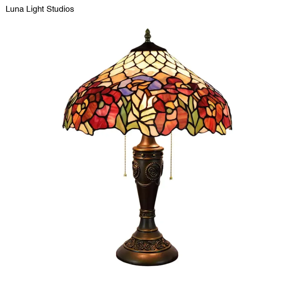 Grazia - Victorian Barn Shade Pull-Chain Night Light Victorian Stained Floral Glass 2-Bulb Bronze Table Lamp for Living Room