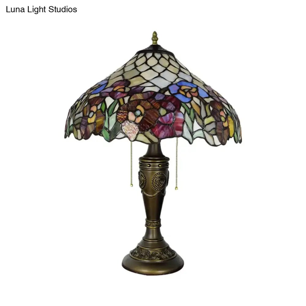 Grazia - Victorian Barn Shade Pull-Chain Night Light Victorian Stained Floral Glass 2-Bulb Bronze Table Lamp for Living Room