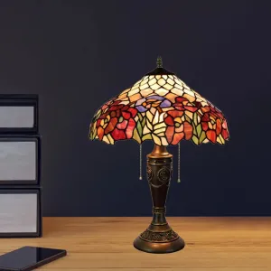 Grazia - Victorian Barn Shade Pull-Chain Night Light Victorian Stained Floral Glass 2-Bulb Bronze Table Lamp for Living Room