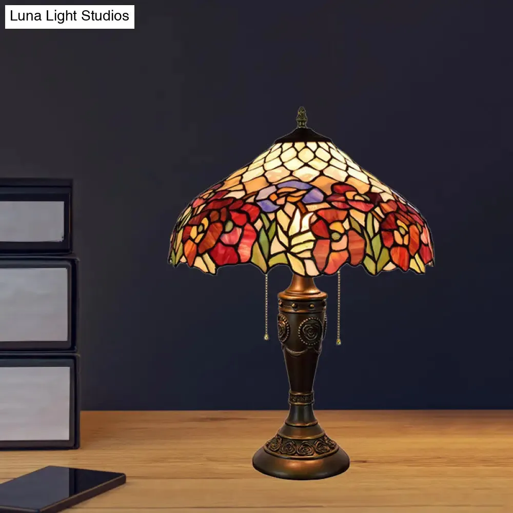 Grazia - Victorian Barn Shade Pull-Chain Night Light Victorian Stained Floral Glass 2-Bulb Bronze Table Lamp for Living Room