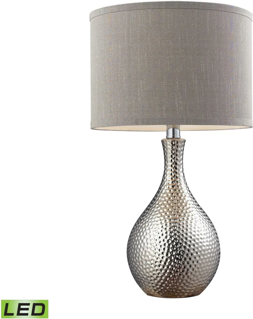 Hammered Chrome Plated Led Table Lamp With Grey Faux Silk Shade