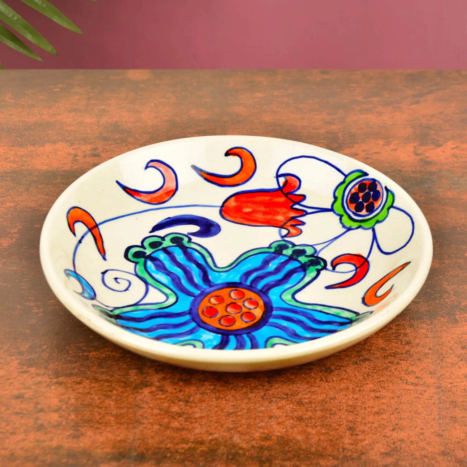 Handpainted Ceramic Floral Round Pasta Serving Plates (Set of 6, 8.5 inches , Off White & Multicolor)