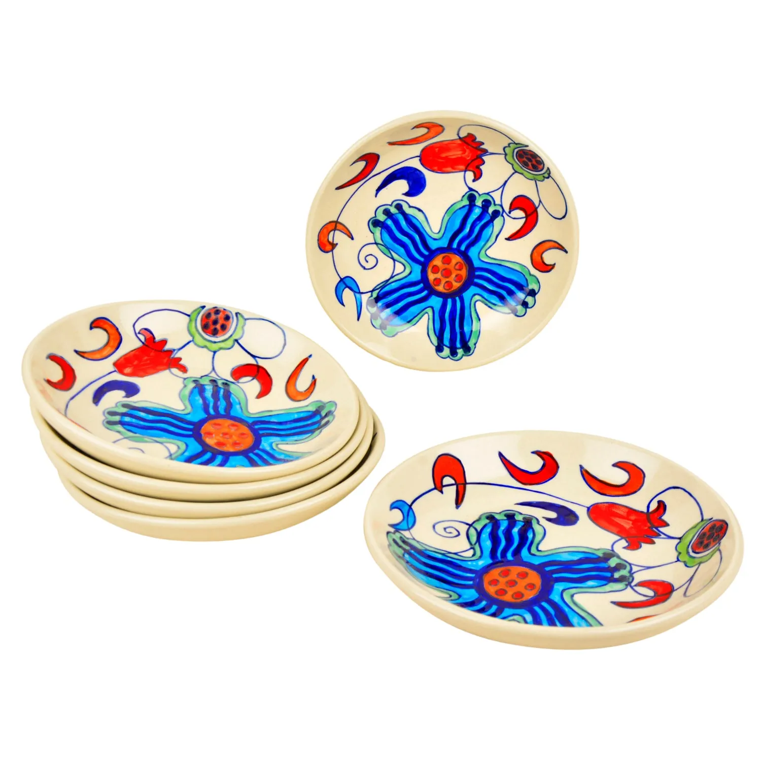 Handpainted Ceramic Floral Round Pasta Serving Plates (Set of 6, 8.5 inches , Off White & Multicolor)