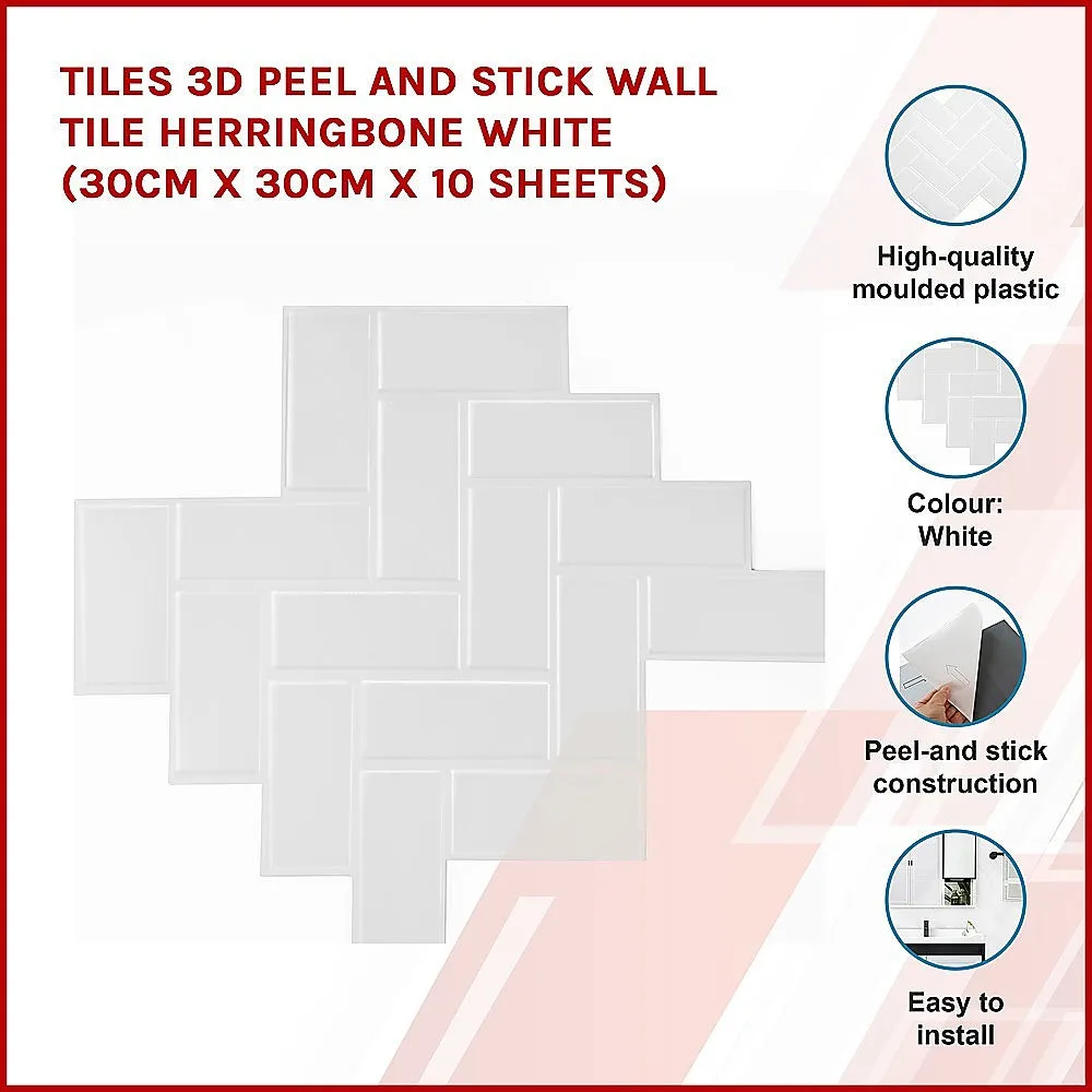 Humidity-Resistant 3D Peel and Stick Wall Tile Set, White Herringbone, 10 Sheets