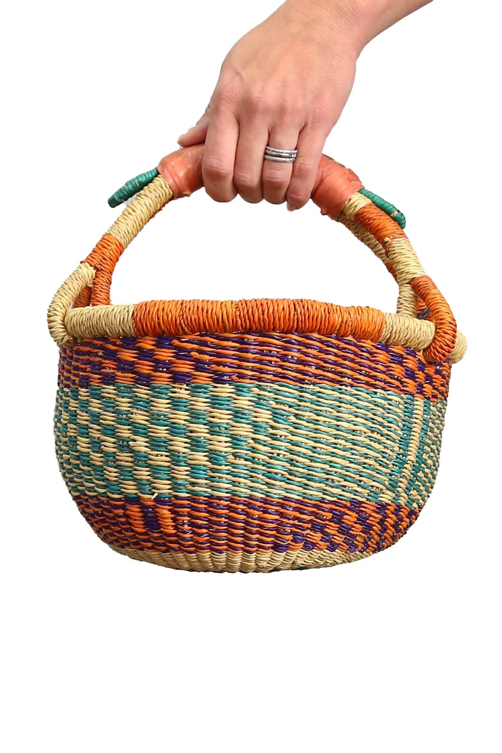 JUNGLE DIRECT ROUND BASKET WITH HANDLE NATURAL/ORANGE/TEAL MINI