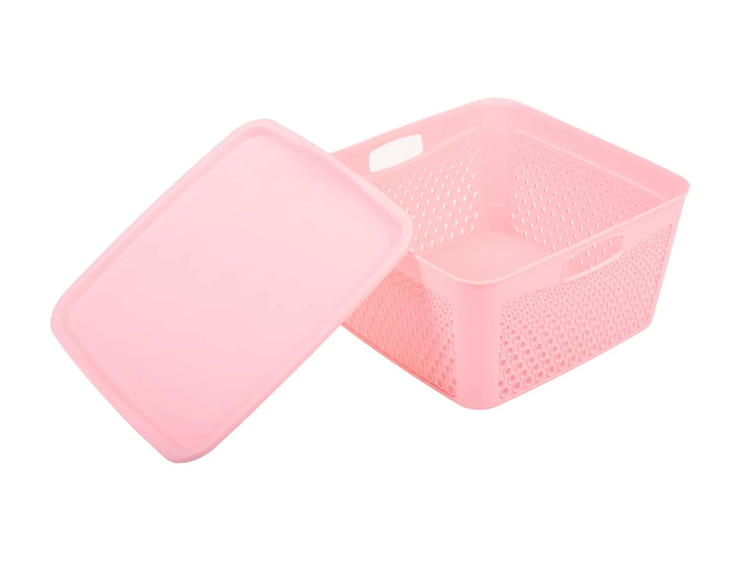 Kuber Industries Netted Design Unbreakable Multipurpose Square Shape Plastic Storage Baskets with lid Large Pack of 2 (Pink)