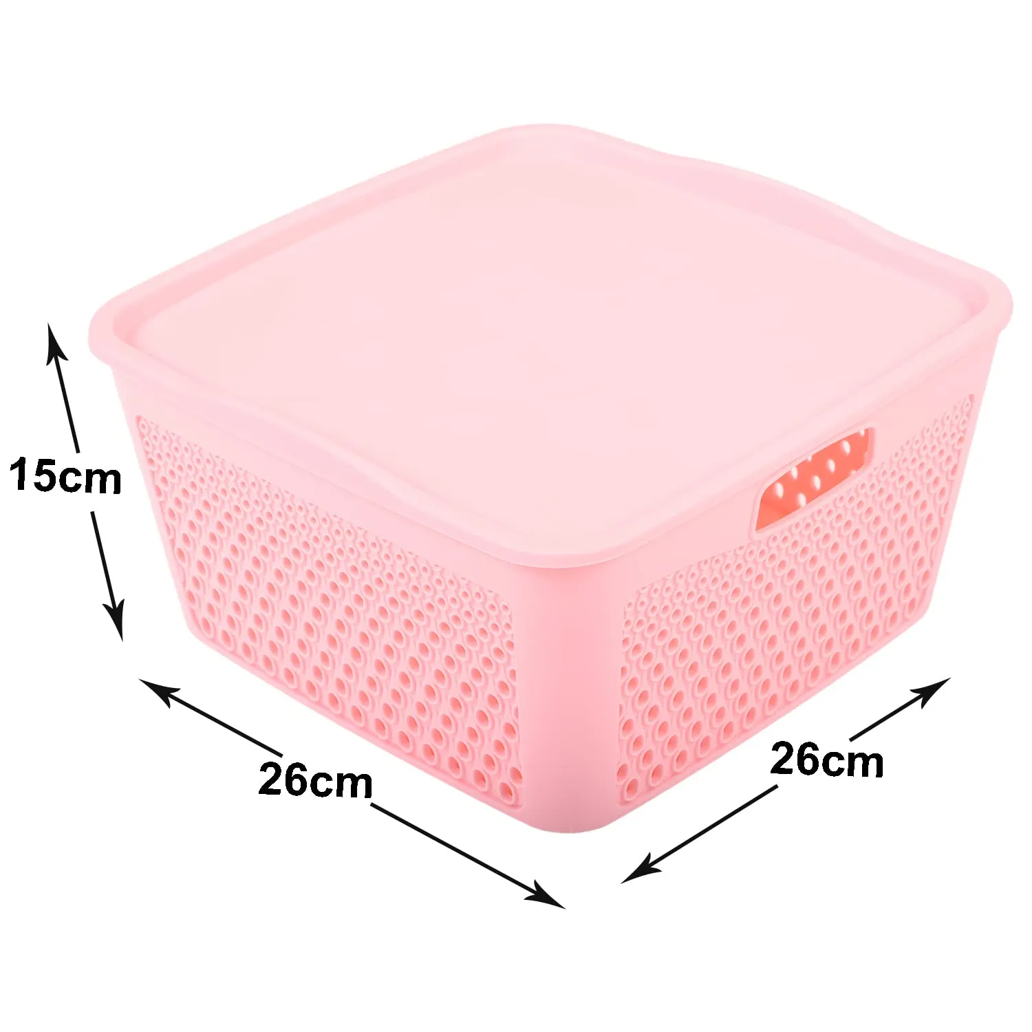 Kuber Industries Netted Design Unbreakable Multipurpose Square Shape Plastic Storage Baskets with lid Large Pack of 2 (Pink)