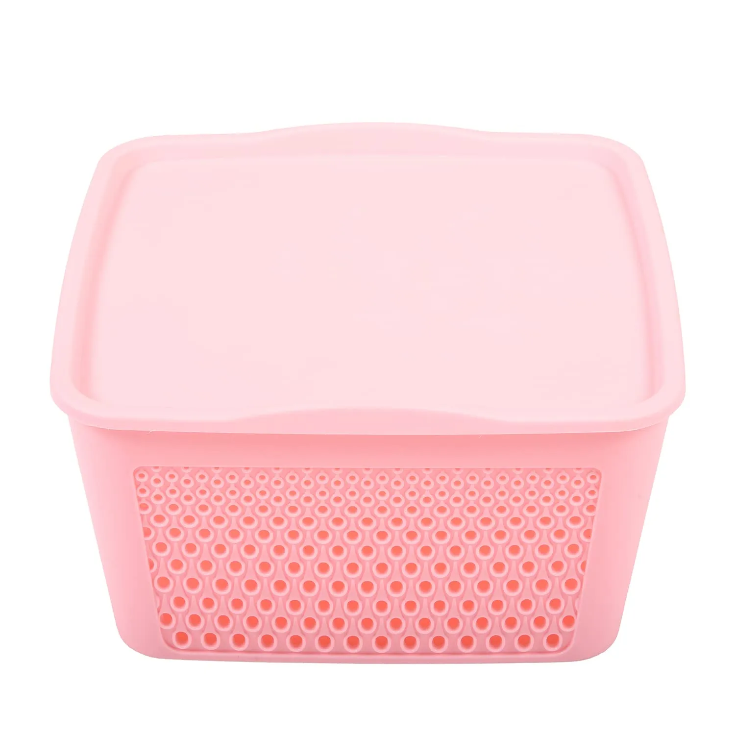 Kuber Industries Netted Design Unbreakable Multipurpose Square Shape Plastic Storage Baskets with lid Large Pack of 2 (Pink)