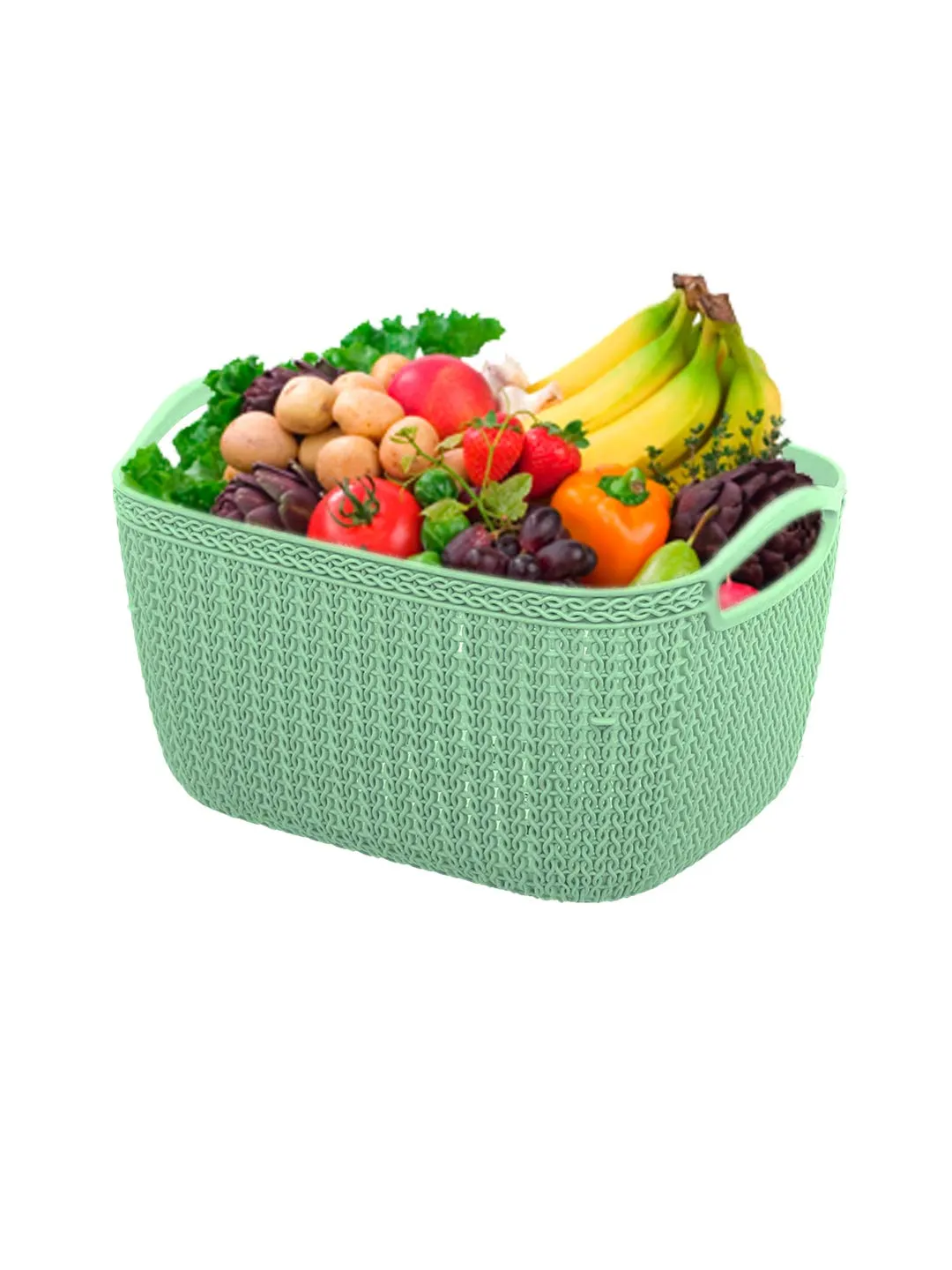 Kuber Industries Q-5 Unbreakable Plastic 3 Pieces Multipurpose Medium Size Flexible Storage Baskets/Fruit Vegetable Bathroom Stationary Home Basket with Handles (Light Green)