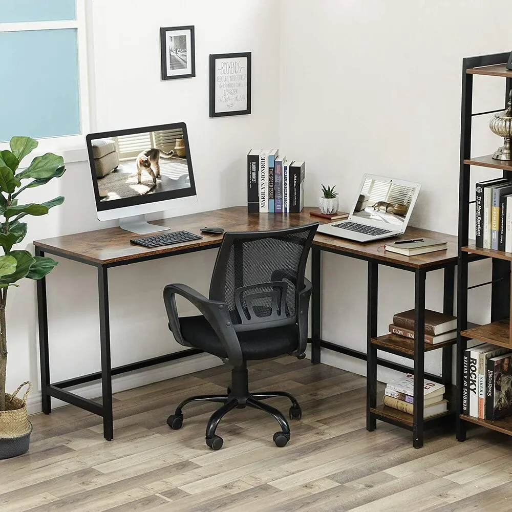 L-Shaped Corner Desk with Shelves, Rustic Brown and Black - VASAGLE