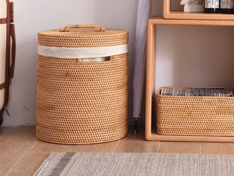 Large Laundry Storage Basket with Lid, Large Rattan Storage Basket for Bathroom, Woven Round Storage Basket for Clothes