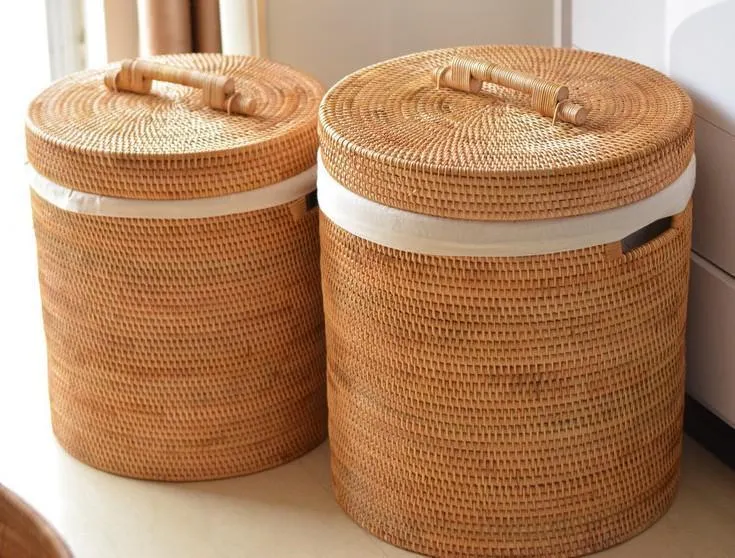 Large Laundry Storage Basket with Lid, Large Rattan Storage Basket for Bathroom, Woven Round Storage Basket for Clothes