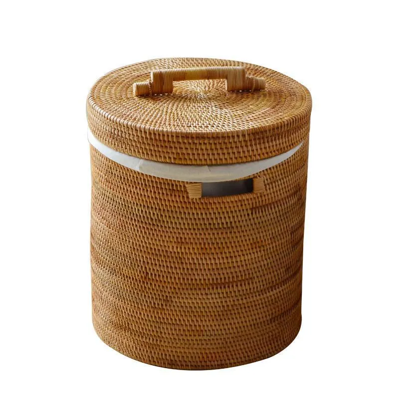 Large Laundry Storage Basket with Lid, Large Rattan Storage Basket for Bathroom, Woven Round Storage Basket for Clothes