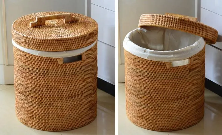 Large Laundry Storage Basket with Lid, Large Rattan Storage Basket for Bathroom, Woven Round Storage Basket for Clothes