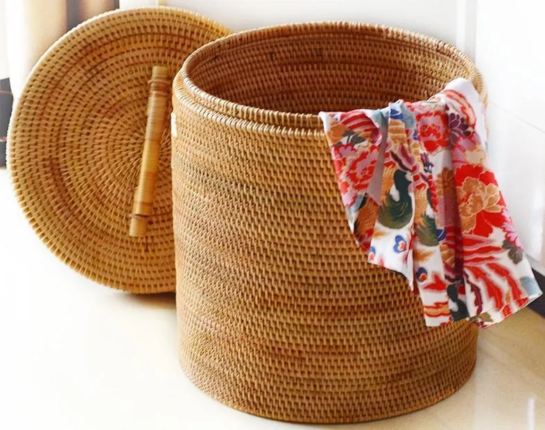 Large Laundry Storage Basket with Lid, Large Rattan Storage Basket for Bathroom, Woven Round Storage Basket for Clothes