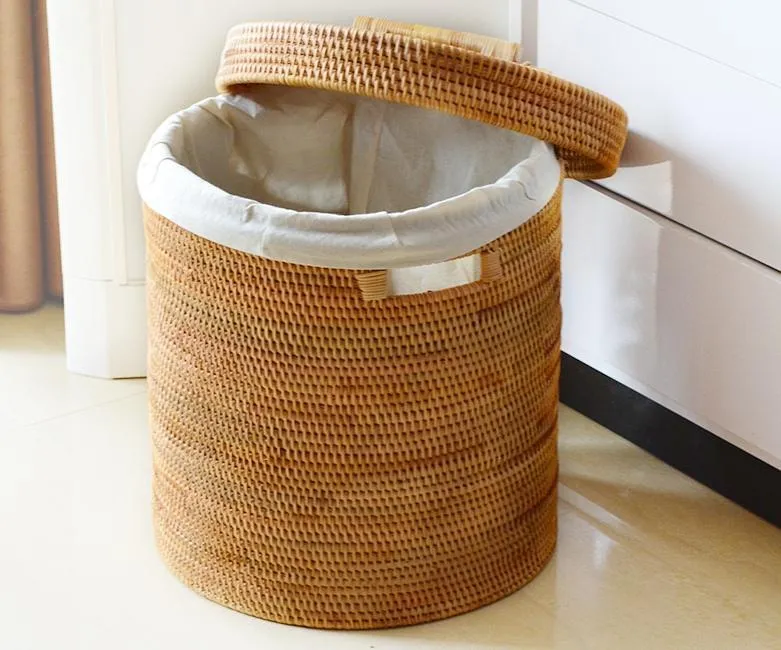 Large Laundry Storage Basket with Lid, Large Rattan Storage Basket for Bathroom, Woven Round Storage Basket for Clothes