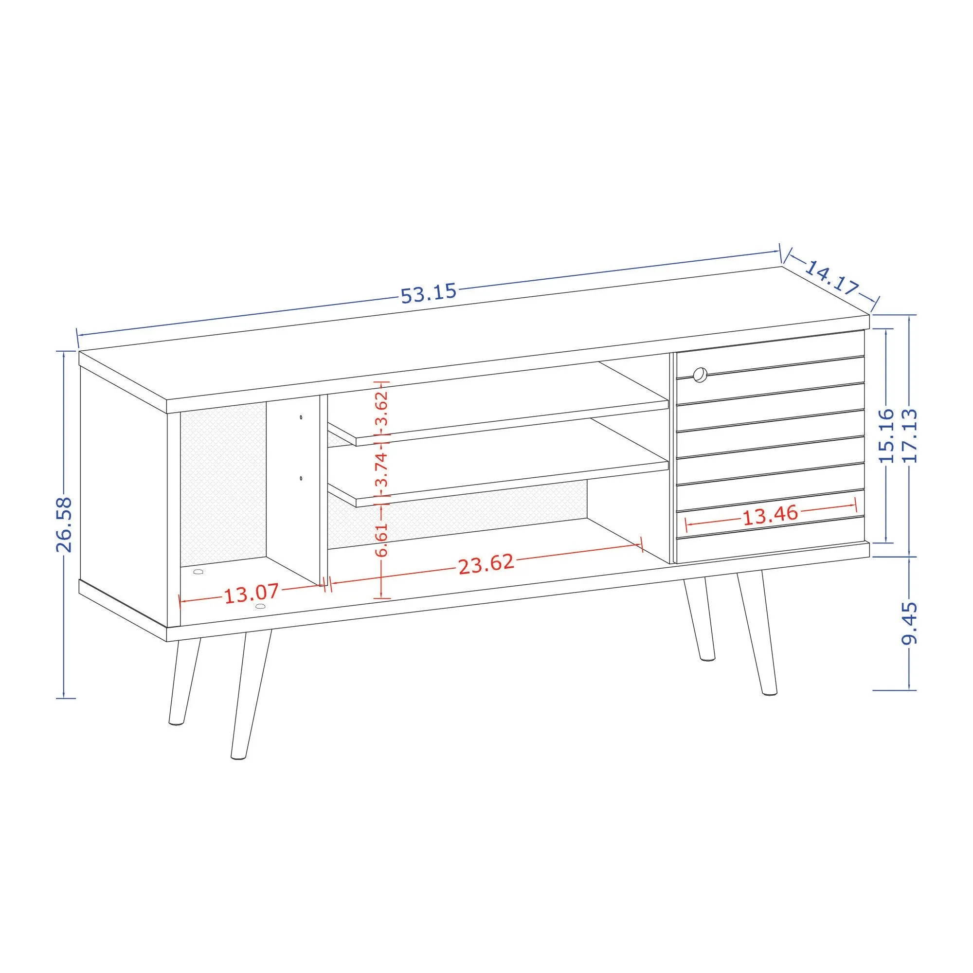 Liberty 53.14" Mid-Century - Modern TV Stand with 5 Shelves and 1 Door in Rustic Brown and White with Solid Wood Legs