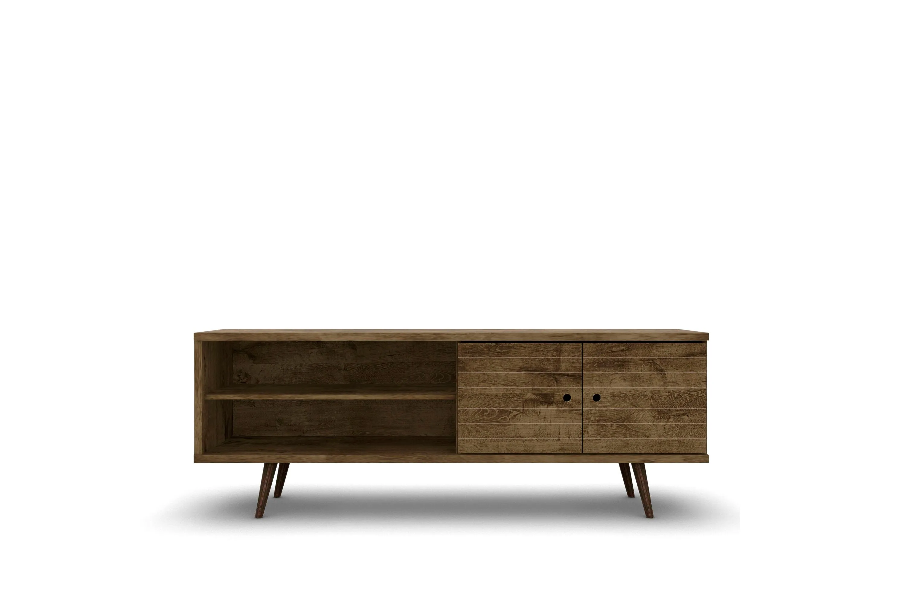 Liberty 62.99" Mid-Century - Modern TV Stand with 3 Shelves and 2 Doors in Rustic Brown with Solid Wood Legs