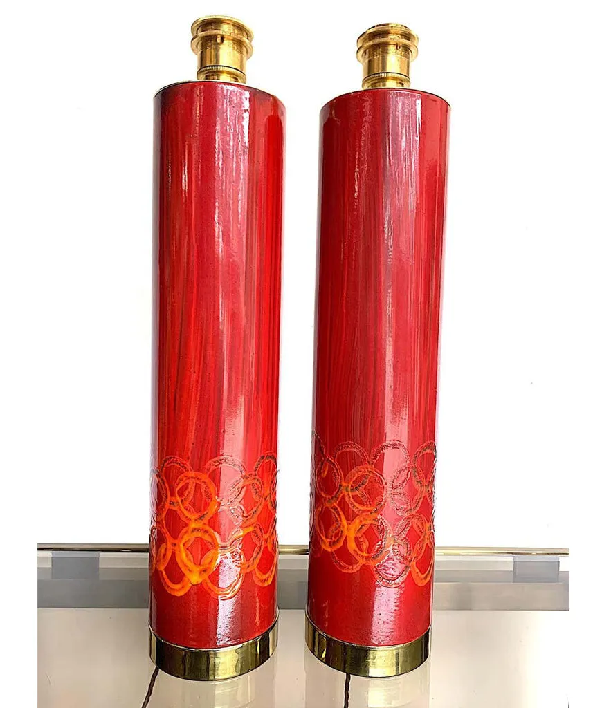 Lovely pair of Swedish red ceramic lamps brass fittings and new bespoke shades