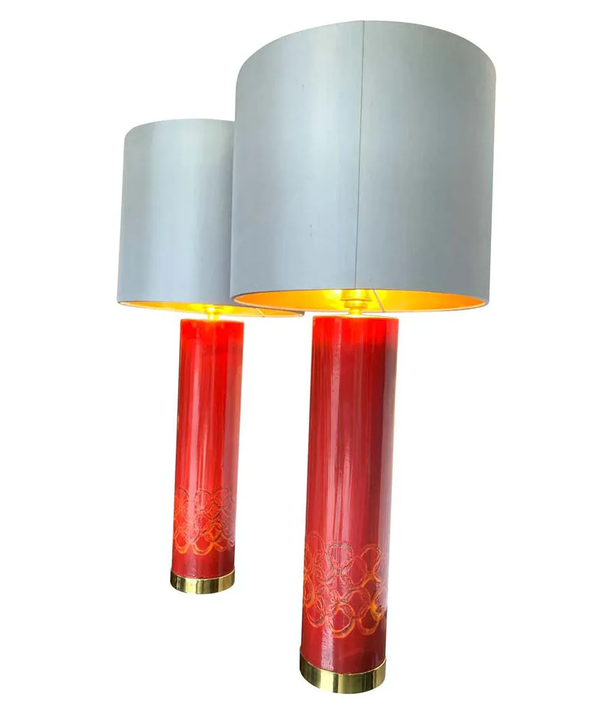 Lovely pair of Swedish red ceramic lamps brass fittings and new bespoke shades