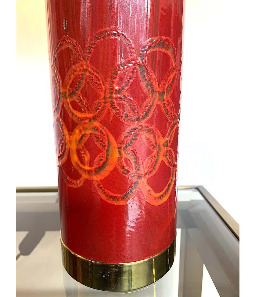 Lovely pair of Swedish red ceramic lamps brass fittings and new bespoke shades