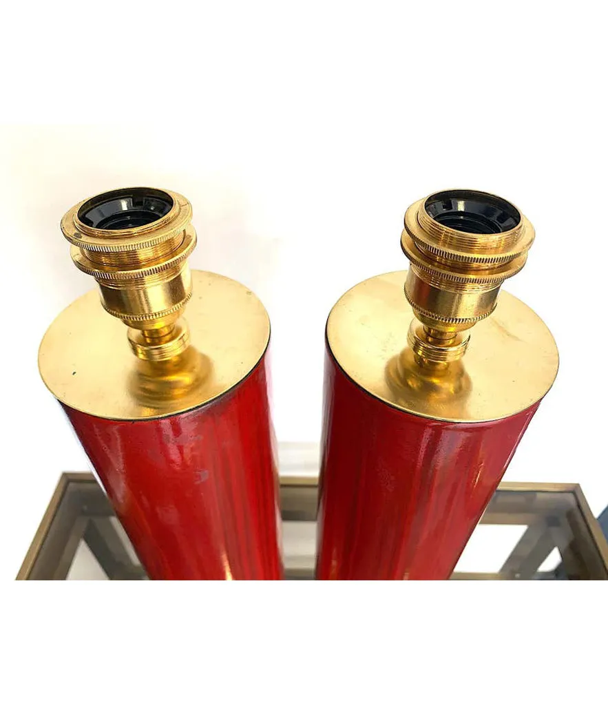 Lovely pair of Swedish red ceramic lamps brass fittings and new bespoke shades